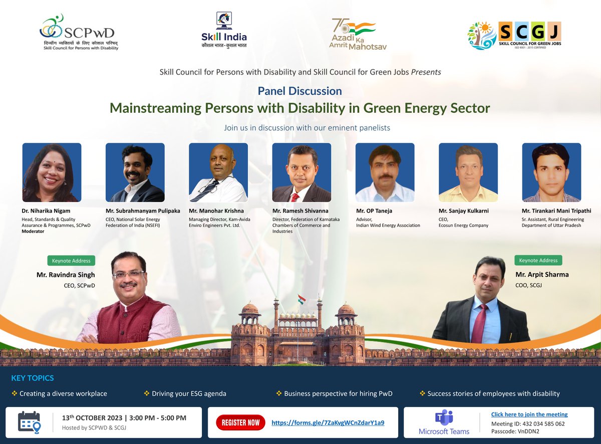 SCPwD's tweet photo. Panel Discussion on Mainstreaming Persons With Disability in Green Energy Sector.
Date: Friday, 13th October 2023
Time: 3:00 to 5:00 pm
Registration Link: https://t.co/33Sb7lOHxn
The link will be shared shortly with registered participants. Stay tuned!
#scpwd #SkillIndia #MSDE https://t.co/gZGtDU3Gy3