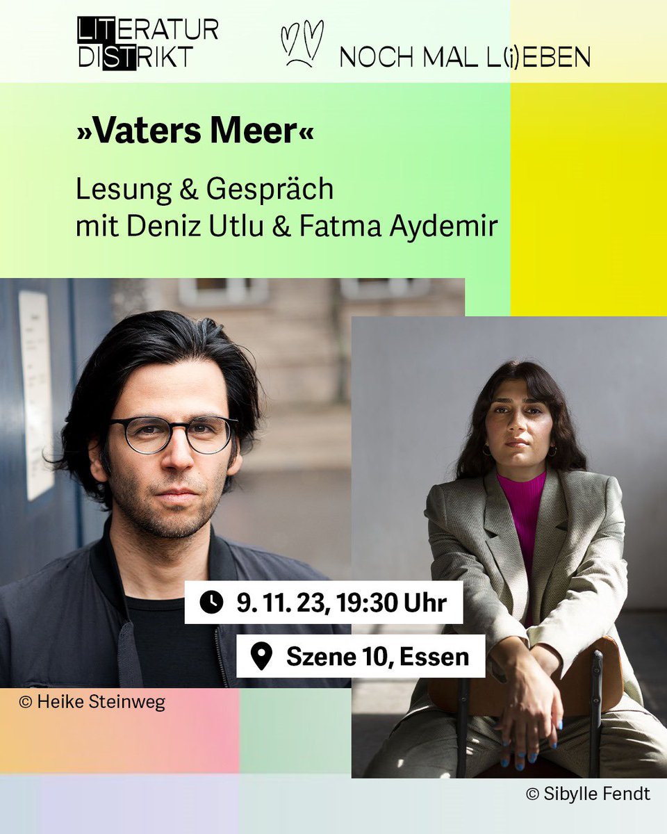 Deniz Utlu stellt am 9. November seinen Roman »Vaters Meer« beim Literaturdistrikt Festival vor. Die Veranstaltung findet in der Szene 10 in #Essen statt und wird moderiert von Fatma Aydemir. @DenizUtlu @fatma_morgana