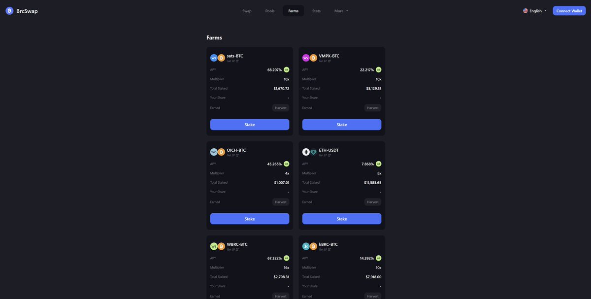 Available brc-20 farming pairs paired w/ $BTC for $BRC emission: 
$sats $VMPX $OICH $kBRC $ordi $OXBT

Are there any other specific BRC-20 tokens you'd like to see added to our future farm hub? 

Share your suggestions with us👇