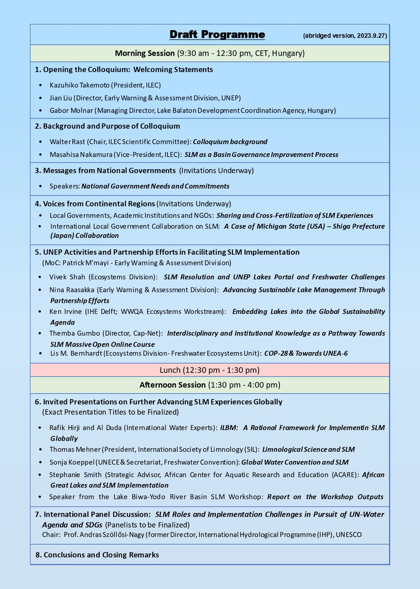 The clock is ticking! Join us for the International Lake Environment Committee & @UNEP's groundbreaking colloquium on Nov 6, 2023. Be part of this innovative hybrid event at #WLC19 focusing on Sustainable Lake Management. Register now: tinyurl.com/2nm6bkrw