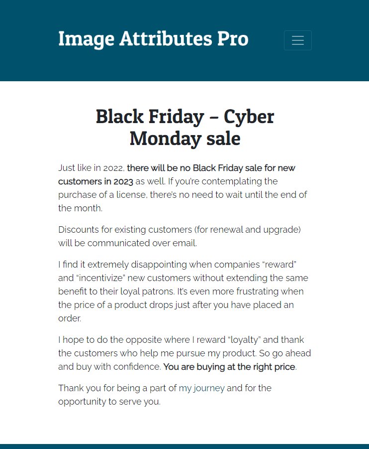 imageattributes's tweet photo. Going against the flow and cancelled Black Friday sale once again 🚫 Made this announcement with a site-wide banner 📢 https://t.co/zhxNzye58H