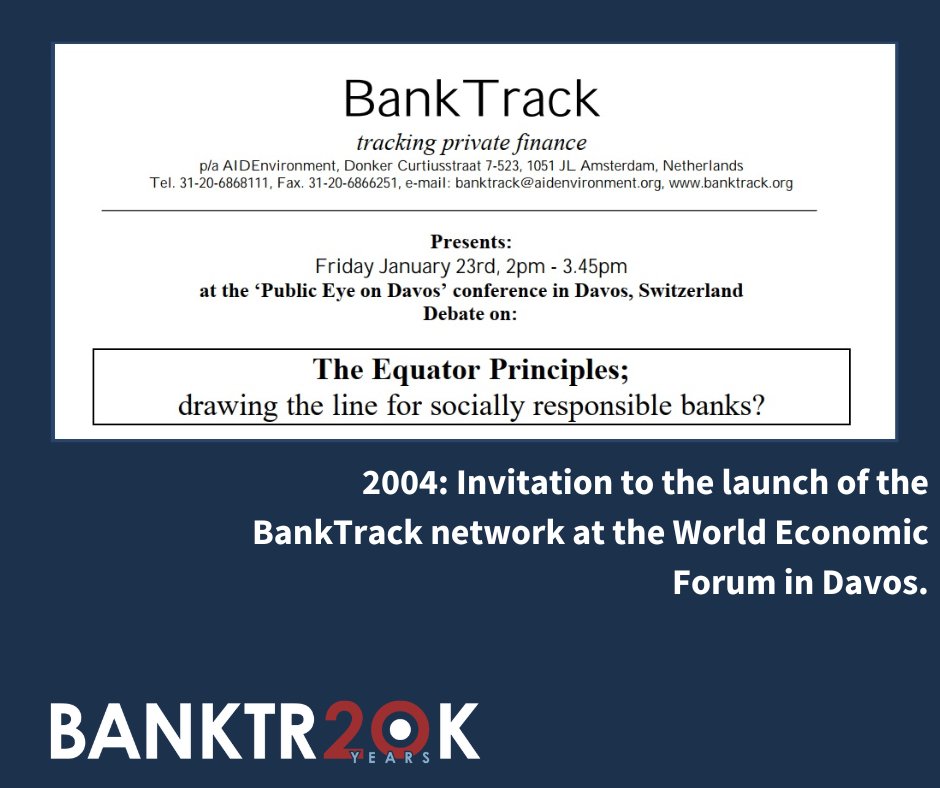 BankTrack's tweet image. 4/20 In 2004, BankTrack held its 1st event at the #WEF in #Davos &amp;amp; presented our 1st report on the #EquatorPrinciples

With @PlatformLondon we highlighted the Baku-Tbilisi-Ceyhan oil pipeline as “an early test” of compliance with the Principles – a test banks failed. #BankTrack20