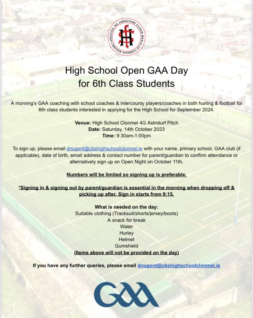 hsclonmelcbs's tweet photo. Registration details for our Open GAA morning on Saturday!

All 6th class students are welcome!

@newcastlegaa @StMarys_HC @KilsheelanGAA @CommercialsGAA @moyleroversclub @NireFourmile @clonmel_og @ArdfinnanGAA @clerihangaa @BallybaconG @GrangeBally_GAA @SsClonmel @stmaryscbs https://t.co/p3OgnVGq8n