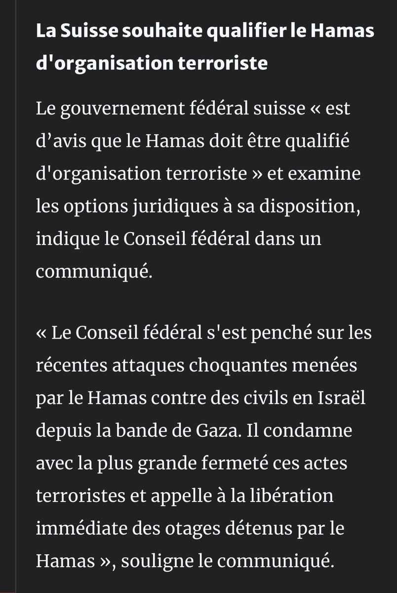 Au moment même où, hier, Bompard prenait la Suisse pour exemple, ce pays communiquait sa volonté de reconnaître #Hamas comme une organisation terroriste comme la communauté européenne ! Et oui, ici ce n'est pas #AllianceBolivarienne ! 
Alors @JLMelenchon ? Une reaction 🤣