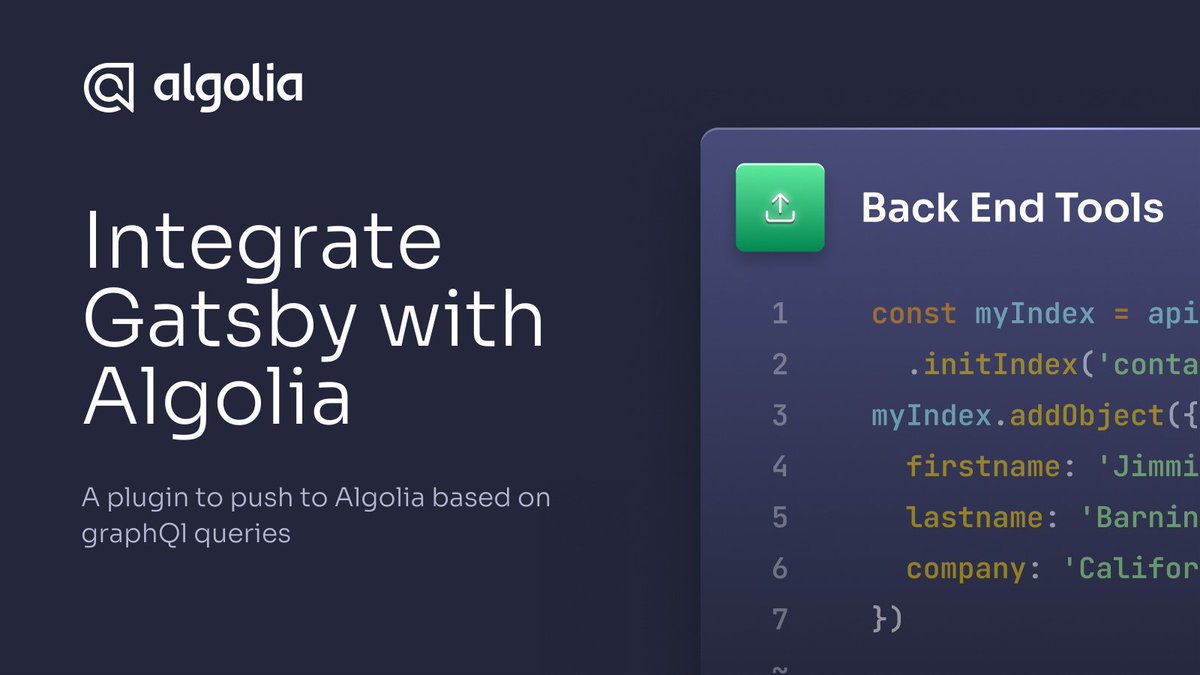 algolia's tweet image. 👀 Looking integrate @GatsbyJS with Algolia?💡✨
You can specify a list of queries to run and how to transform them into an array of objects to index. When you run #gatsbyjs build, it will publish those to Algolia.
Learn more on #AlgoliaCodeExchange → bit.ly/3Xo8q6J