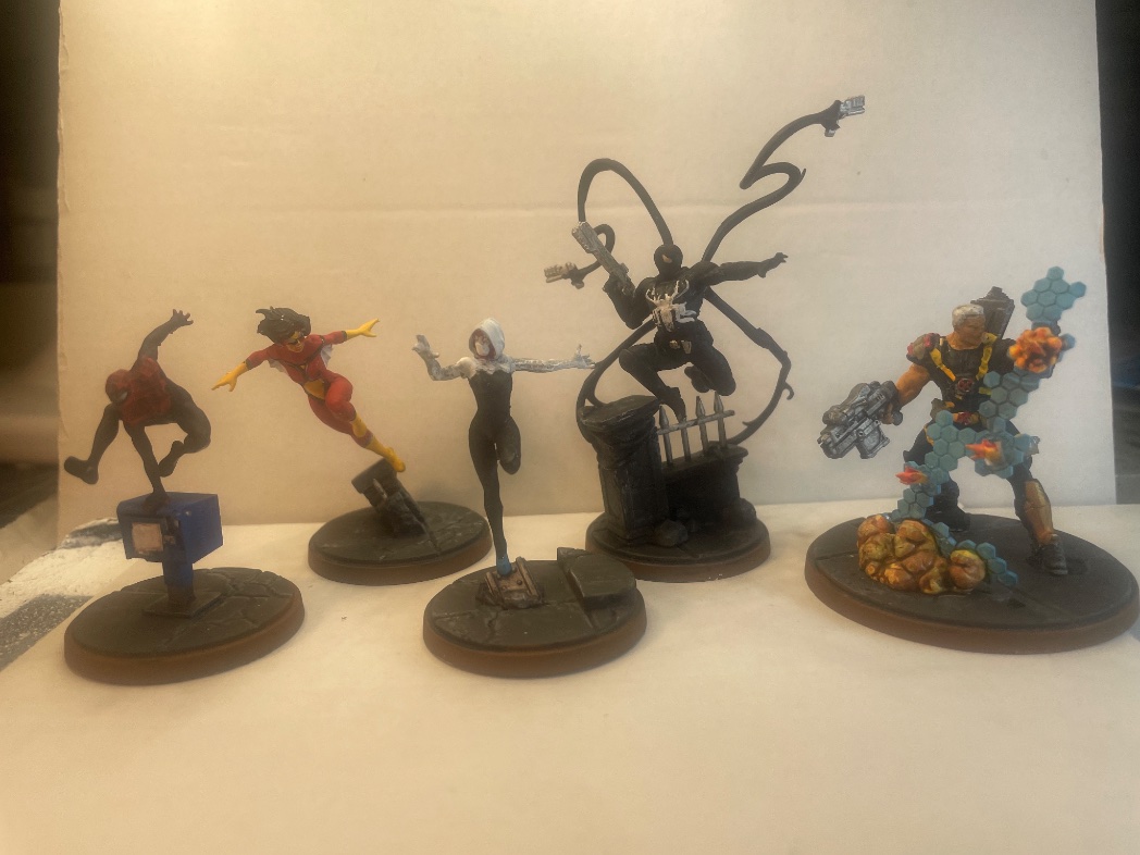 So just completed painting my 100th plus one MCP Characters for the year, 96-101 
Another spider man (miles) spider woman , ghost spider , agent venom and Cable. Getting thru god guys now 😁