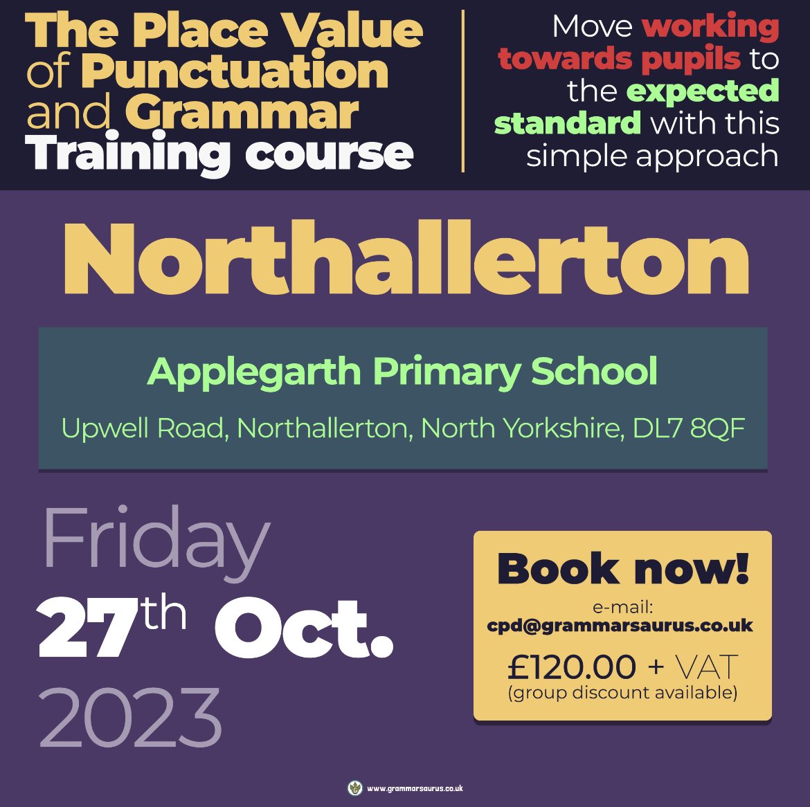 ApplegarthPrim's tweet photo. We’re hosting @Grammarsaurus1 on Friday 27th October for some incredible CPD. Have a look at the images for details on how to sign up, or send a DM and we’ll point you in the right direction #grammarsaurus #northyorkshireschool #teachingcpd #placevalueofgrammar @ReadingDeputy https://t.co/xEu3M3ON5S