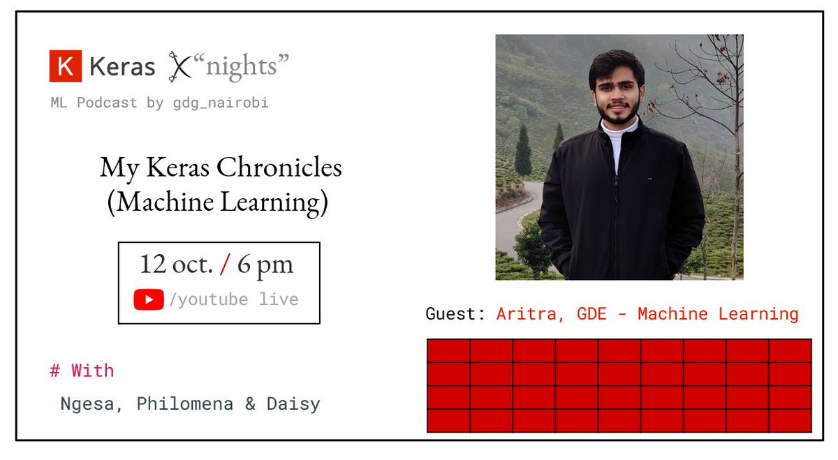 GDG_Nairobi's tweet photo. 04  Hey #ML folks!👋

@Ngesa254 @okacha_daisy + @MburaPhilomena will be hosting @ariG23498 tonight 6PM EAT for the #KerasKnights

Aritra is a Deep Learning Educator @PyImageSearch, contractor at Keras and ML @GoogleDevExpert

🔴 YouTube Link: https://t.co/QXsiF2LZZG

#Keras #Jax https://t.co/LTZ1nNDpRA
