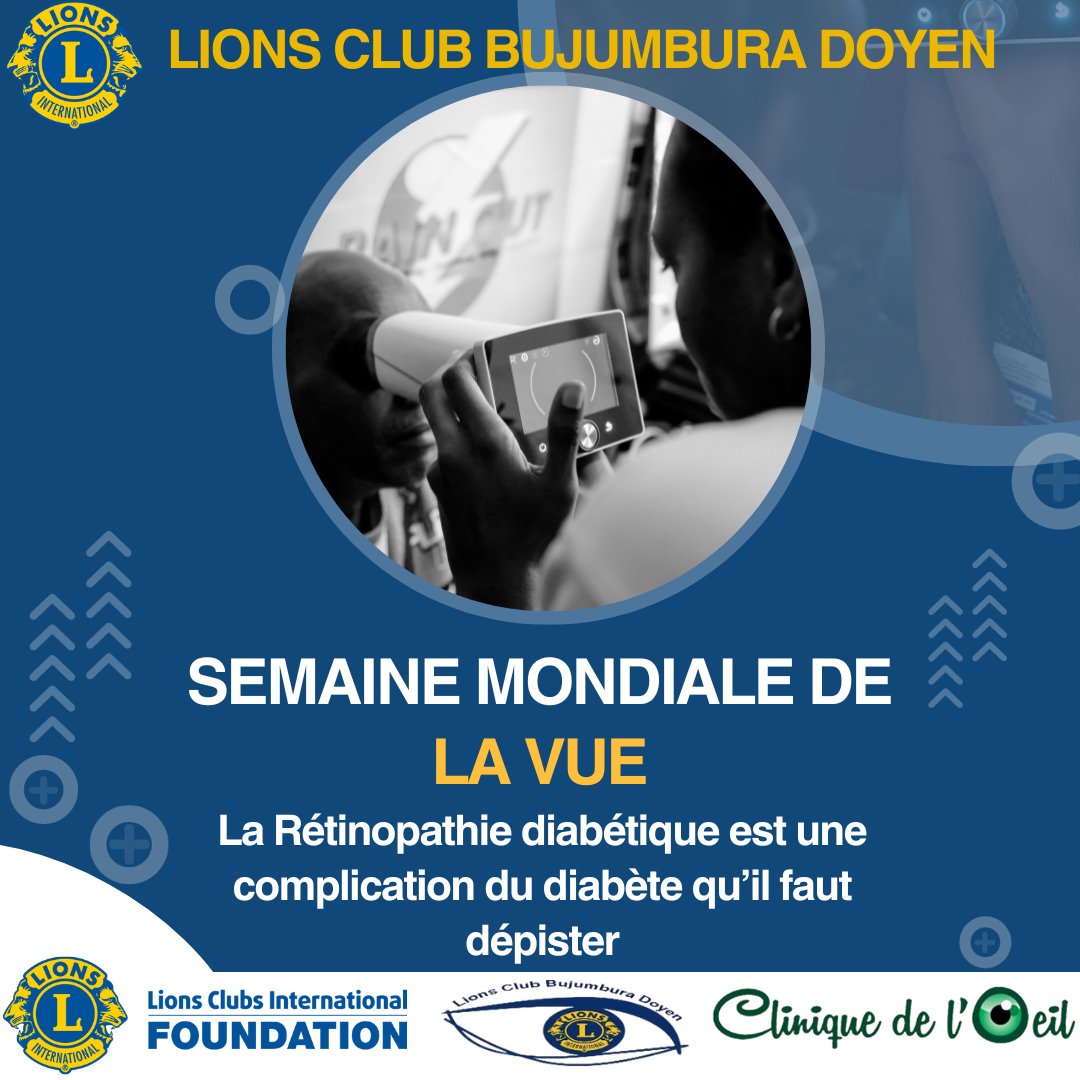 A l’occasion de la semaine mondiale de la vue, <a href="/LionsClubBuja/">Lions Club Bujumbura Doyen</a> a lancé depuis ce lundi 09/10/2023 une campagne de sensibilisation au dépistage et à la lutte contre la rétinopathie diabétique.
#Burundi
1/2