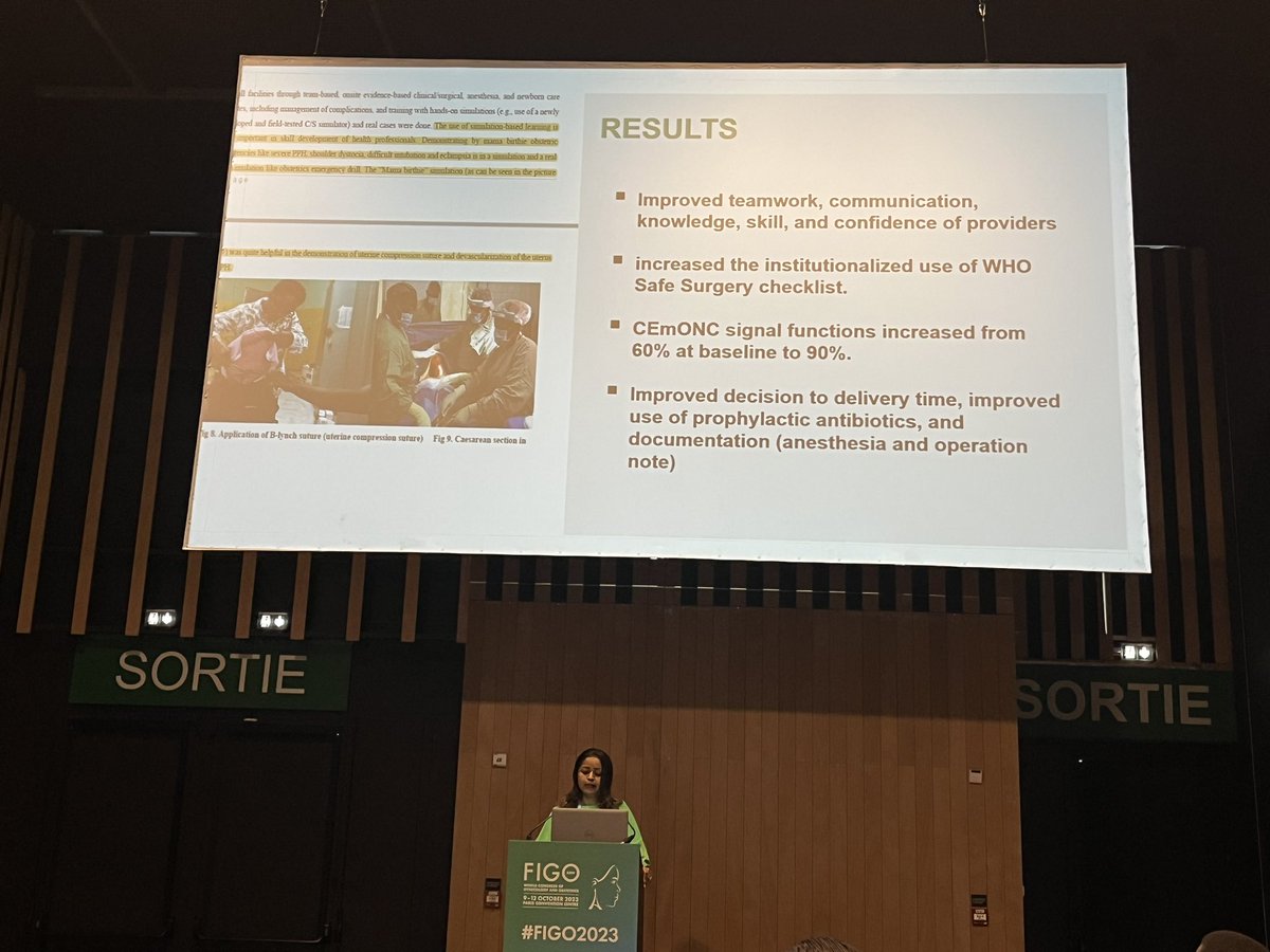 Dr. Rahel Demissew (ESOG) shows results implementing MamaBirthie CS faculty guide in Ethiopia at #FIGO2023. Mentorship and hands-on team training are key!