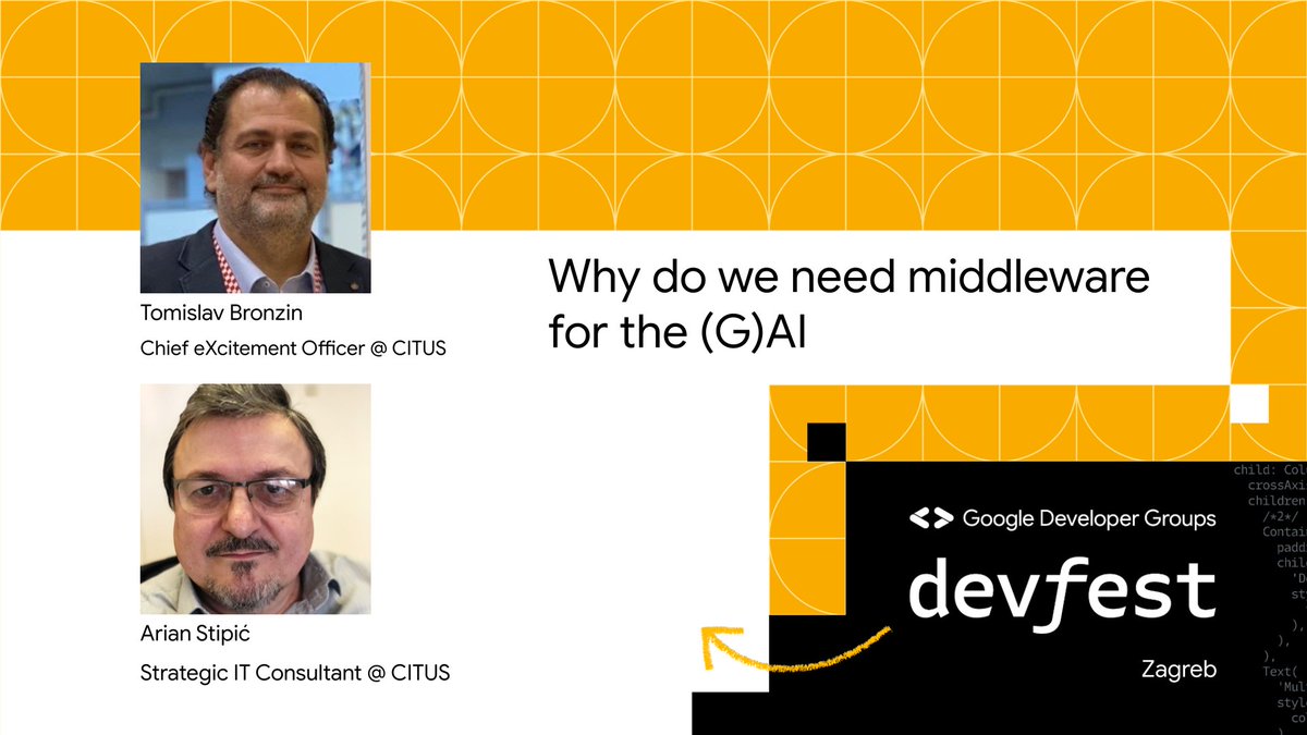 📣 Speaker Announcement for DevFest 2023! 📣

<a href="/tbronzin/">Tomislav Bronzin | Chief eXcitment Officer @ CITUS</a>, CXO – Chief eXcitement Officer at CITUS
Arian Stipić, Strategic IT Consultant at CITUS

🎟️ Secure your spot at DevFest 2023 now! Tickets are available at devfesthr.com 🎫

#DevFest2023 #AI #GenAI #DevFestSpeakers