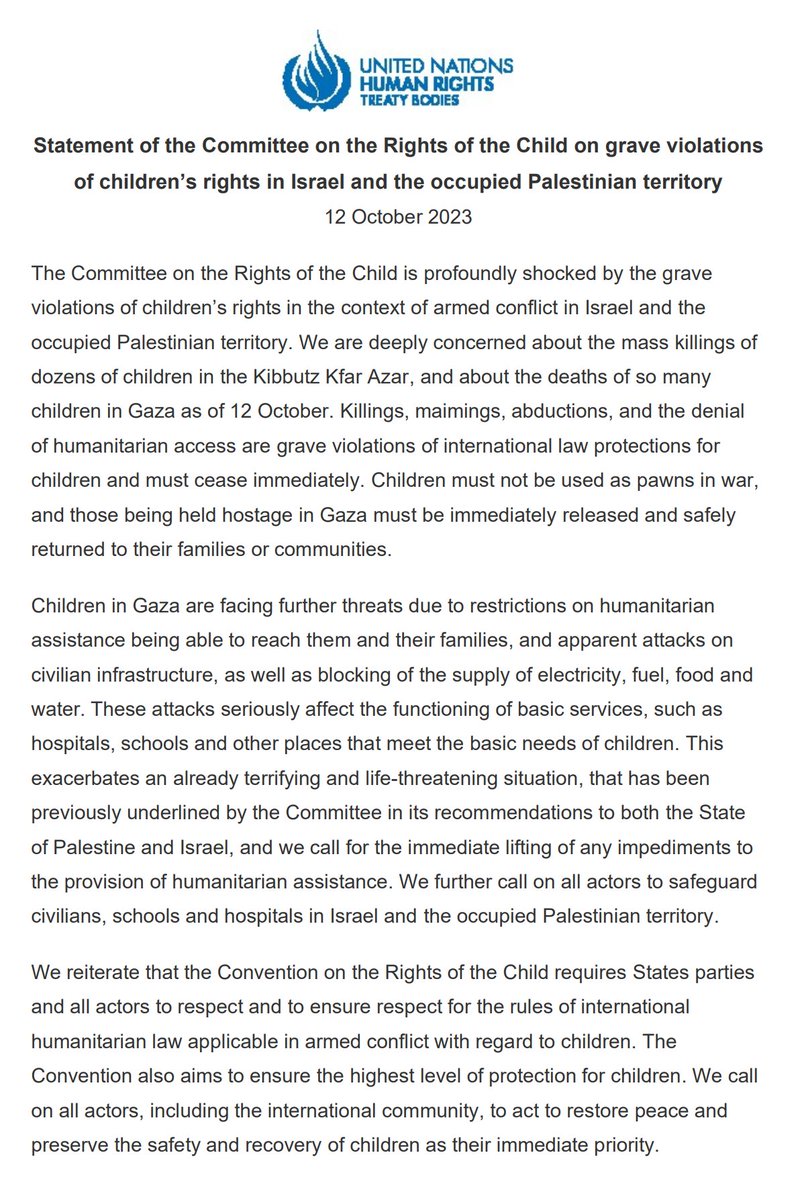 Children are not to be used as pawns of war, says the Committee on the Rights of the Child #UNCRC in an official statement that can also be retrieved on its website ohchr.org/en/treaty-bodi… #childrensrights @lexpsy @askelton_CCL