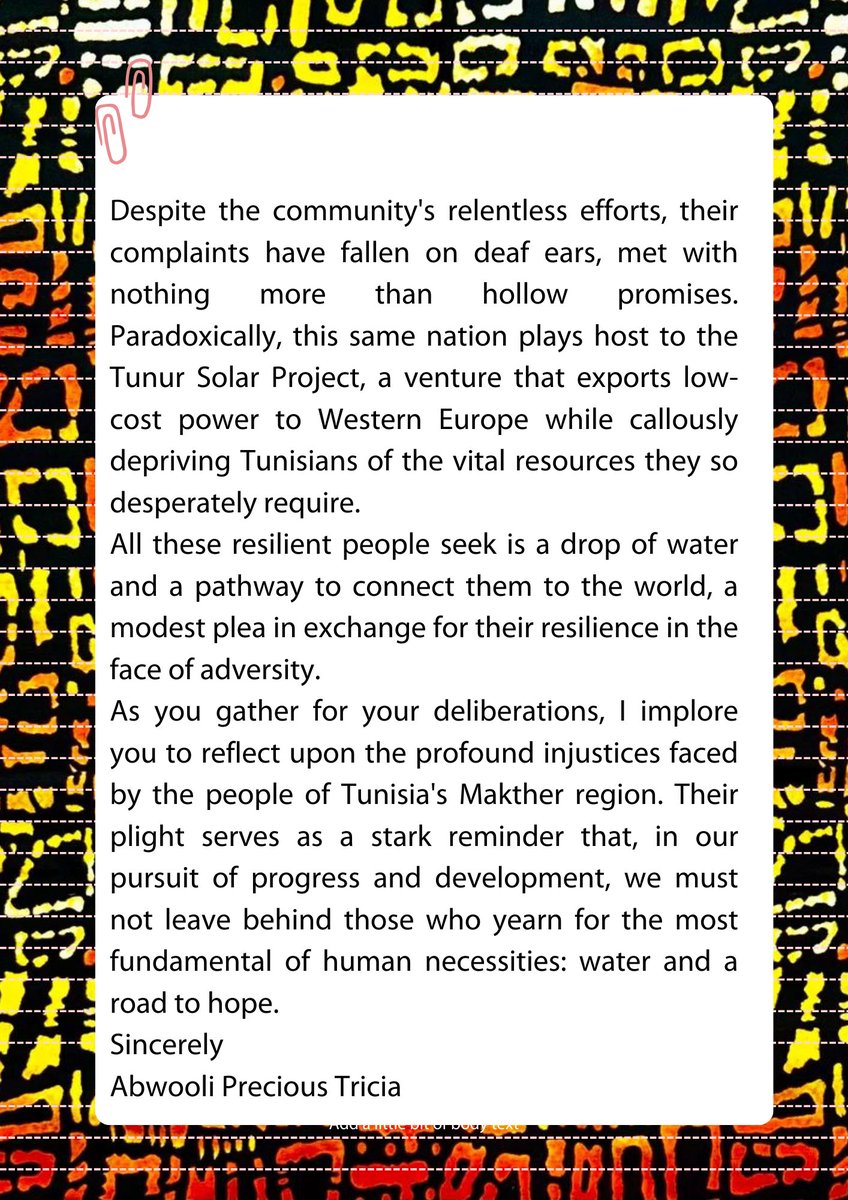 Akina Mama wa Afrika (@amwaafrika) on Twitter photo #DearWorldBankAndIMF
Here is a letter to the <a href="/WorldBank/">World Bank</a> and <a href="/IMFNews/">IMF</a> from <a href="/abwoolitricia/">A.b.w.o.o.l.i🦋</a>, on how the economic policies pushing for the privatisation of basic needs like water have robbed Tunisians of access to water.
#EconomicJustice #DearWorldBankAndIMF
Here is a letter to the <a href="/WorldBank/">World Bank</a> and <a href="/IMFNews/">IMF</a> from <a href="/abwoolitricia/">A.b.w.o.o.l.i🦋</a>, on how the economic policies pushing for the privatisation of basic needs like water have robbed Tunisians of access to water.
#EconomicJustice