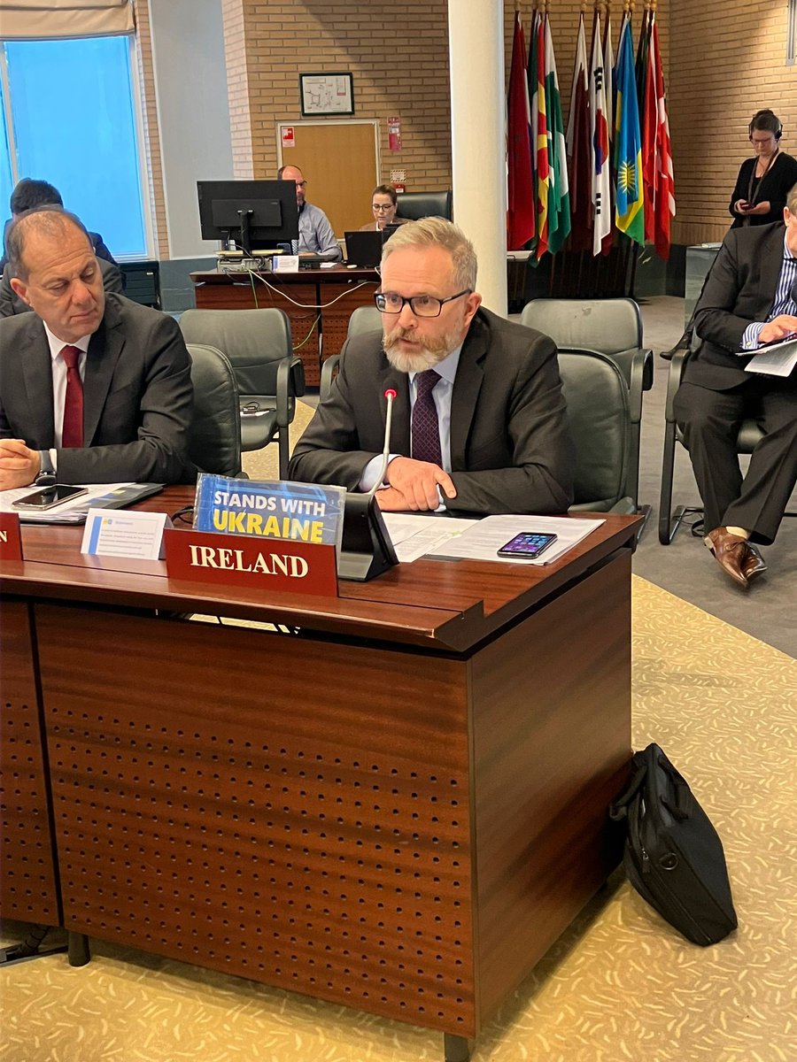 DisarmamentIRL's tweet photo. At #OPCW #EC104 today, 🇮🇪 presented the draft 24-25 Programme & Budget - which was successfully adopted. 🇮🇪 welcomes this result & thanks our co-facilitator 🇵🇱, EC Members & OPCW TS for their constructive engagement which will facilitate OPCW to deliver its critical mandate https://t.co/YOxEyvQT0s