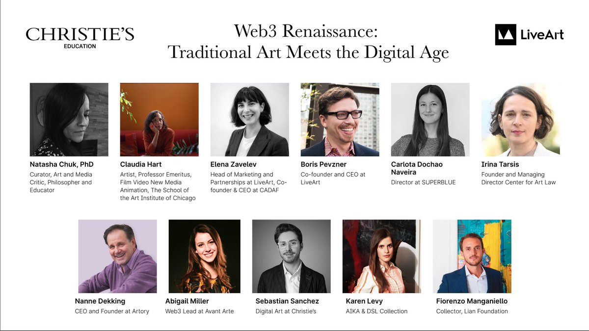 LiveArt (@liveartx) on Twitter photo Dive into the 'Web3 Renaissance: Traditional Art Meets the Digital Age' with the online course, created in collaboration with <a href="/ChristiesEdu/">Christie's Education</a>
Don't let this opportunity pass you by! Registration is still open - secure your spot now: education.christies.com/courses/contin…
Prepare to be inspired Dive into the 'Web3 Renaissance: Traditional Art Meets the Digital Age' with the online course, created in collaboration with <a href="/ChristiesEdu/">Christie's Education</a>
Don't let this opportunity pass you by! Registration is still open - secure your spot now: education.christies.com/courses/contin…
Prepare to be inspired