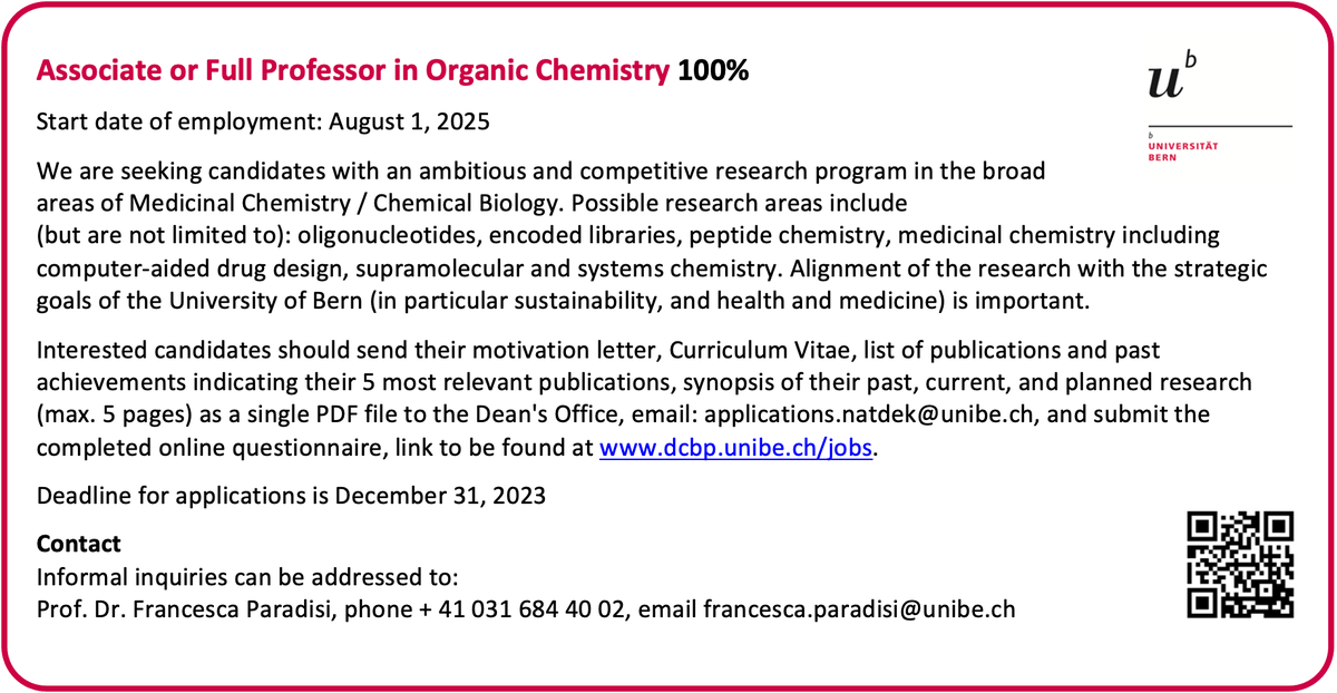 Open Position: Associate or Full Professor in Organic Chemistry (100%) at University of Bern
Start of eymployment: August 1, 2025
Deadline for applications is December 31, 2023
dcbp.unibe.ch/ueber_uns/team…
#jobs #unibe #chemistry #scs