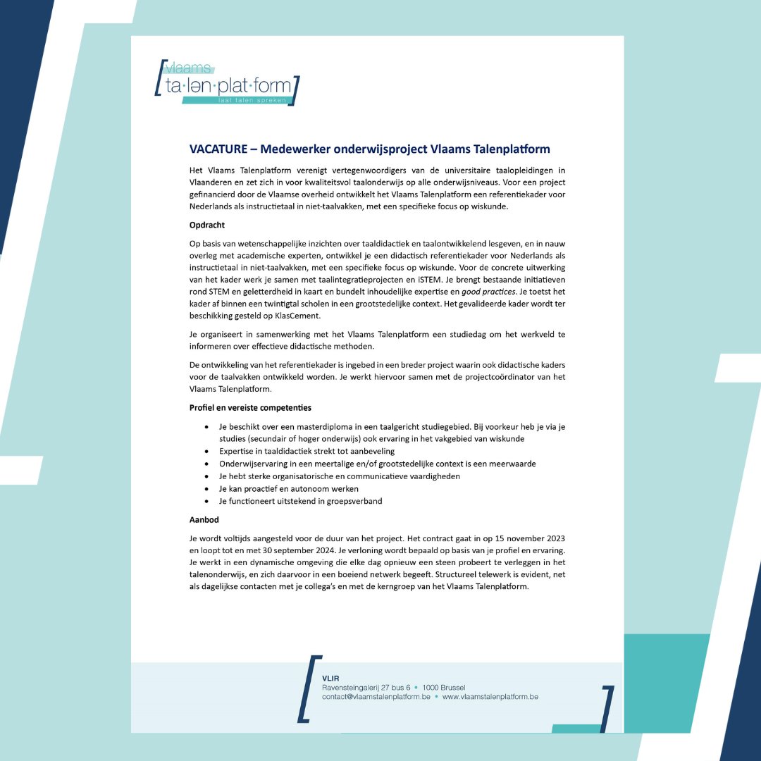 #Vacature. Het Vlaams Talenplatform is op zoek naar een voltijdse projectmedewerker voor een onderwijsproject rond Nederlands als instructietaal in STEM-vakken. Solliciteren kan tot en met 26 oktober.

De volledige vacature vind je via: linktr.ee/vlaamstalenpla…