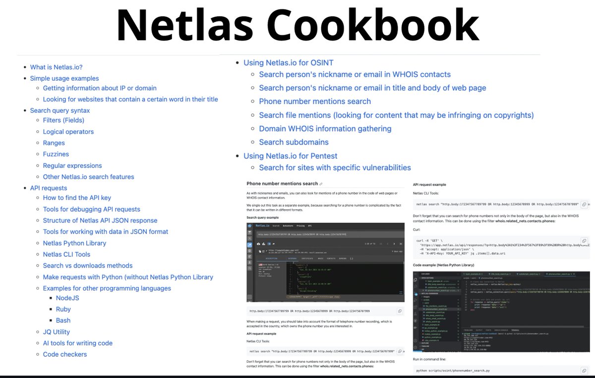 cyb_detective's tweet photo. Please take a look at our joint project with @netlas_io:

NETLAS COOKBOOK

Will be useful for everyone who wants to learn how to use IP search engines for #OSINT and automate this process using various REST APIs (not only Netlas).

https://t.co/ZEHjKxiwRJ https://t.co/Uazi6G8TTr