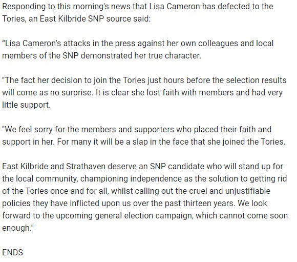 Our comment on this morning's news that Lisa Cameron has joined the Tories: