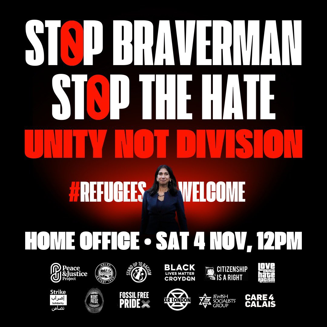 Stand Up To Racism (@antiracismday) on Twitter photo Stop Braverman. Stop the Hate. Unity not division.
It’s time to come together to say #refugeeswelcome
🗓️ Sat 4 Nov
📍 The Home Office, London
<a href="/Care4Calais/">Care4Calais</a> <a href="/XRLondon/">Extinction Rebellion London 🌍</a> <a href="/ASLEFunion/">ASLEF</a> <a href="/JewishSocialist/">Jewish Socialist</a> are now supporting the event ✊🏽
Info: linktr.ee/stopbraverman
#StopBraverman Stop Braverman. Stop the Hate. Unity not division.
It’s time to come together to say #refugeeswelcome
🗓️ Sat 4 Nov
📍 The Home Office, London
<a href="/Care4Calais/">Care4Calais</a> <a href="/XRLondon/">Extinction Rebellion London 🌍</a> <a href="/ASLEFunion/">ASLEF</a> <a href="/JewishSocialist/">Jewish Socialist</a> are now supporting the event ✊🏽
Info: linktr.ee/stopbraverman
#StopBraverman