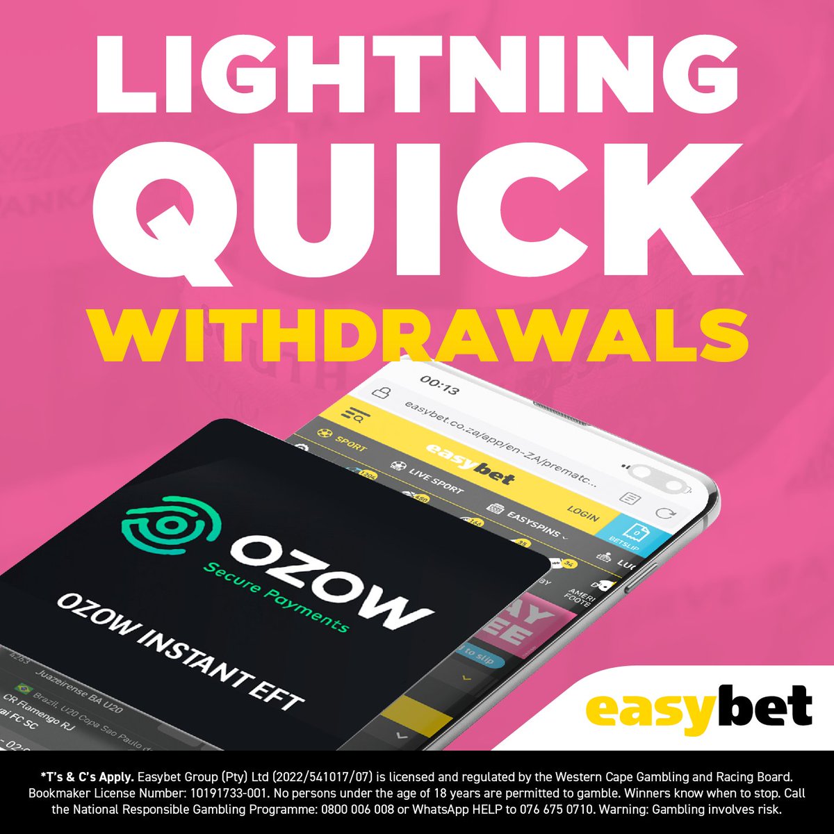 🚀🎉 JUST LAUNCHED TODAY! 🎉🚀 

No more waiting for your moolah. With Easybet's brand new 24/7 Withdraws Ozow Feature we will pay out your approved withdraws within a few hours, even on weekends. No waiting for the next business day! 💰

Give it a try 👉 easybet.co.za