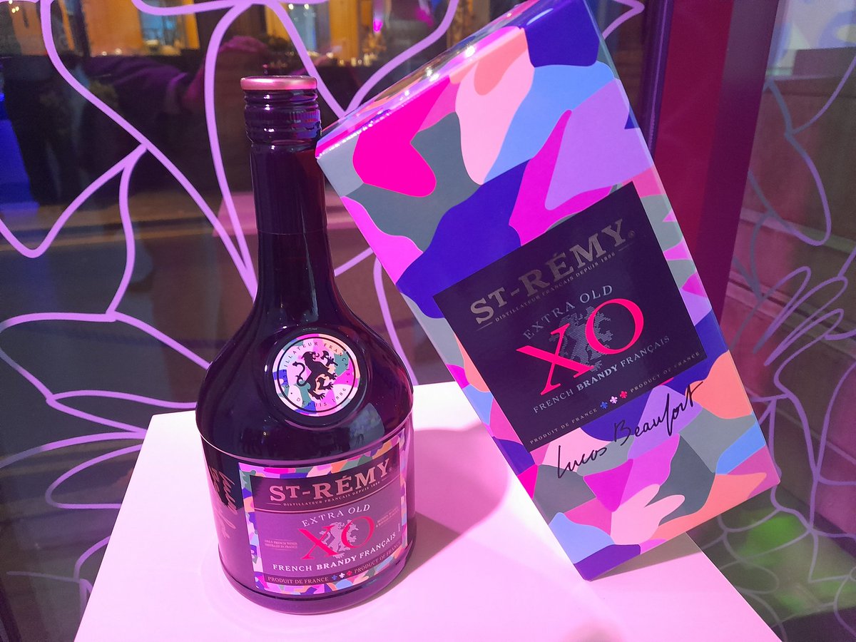 New multi-coloured packaging for St-Remy XO as designed by artist Lucas Beaufort. On shelves soon - perfect timing for Christmas sales #France @Clementinecom