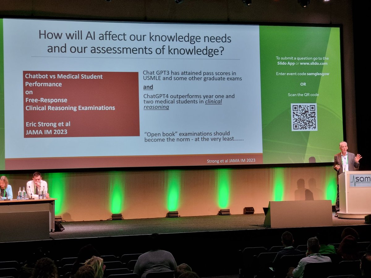 What do doctors really need to KNOW? <a href="/AndrewElder/">Andrew Elder</a> of <a href="/RCPEdin/">Royal College of Physicians of Edinburgh</a> highlighting that ChatGPT can outperform early years medical students in clinical reasoning, whilst more broadly considering what needs to be "in the doctor's bag" at #samglasgow