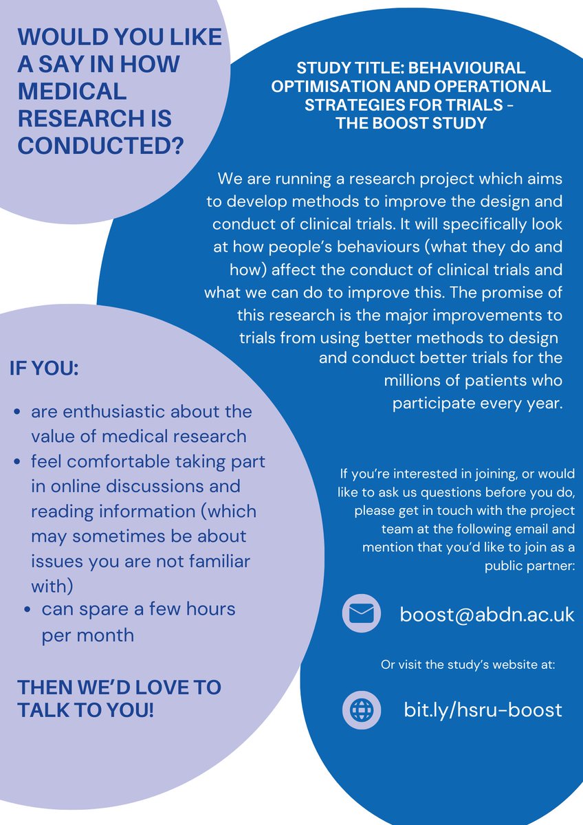 Would you like a say in how medical research is conducted? The BOOST study is looking for public partners to join our research team. The project is looking at how we can improve clinical trials through better research practices. For more info and contacts, see the attached flyer.