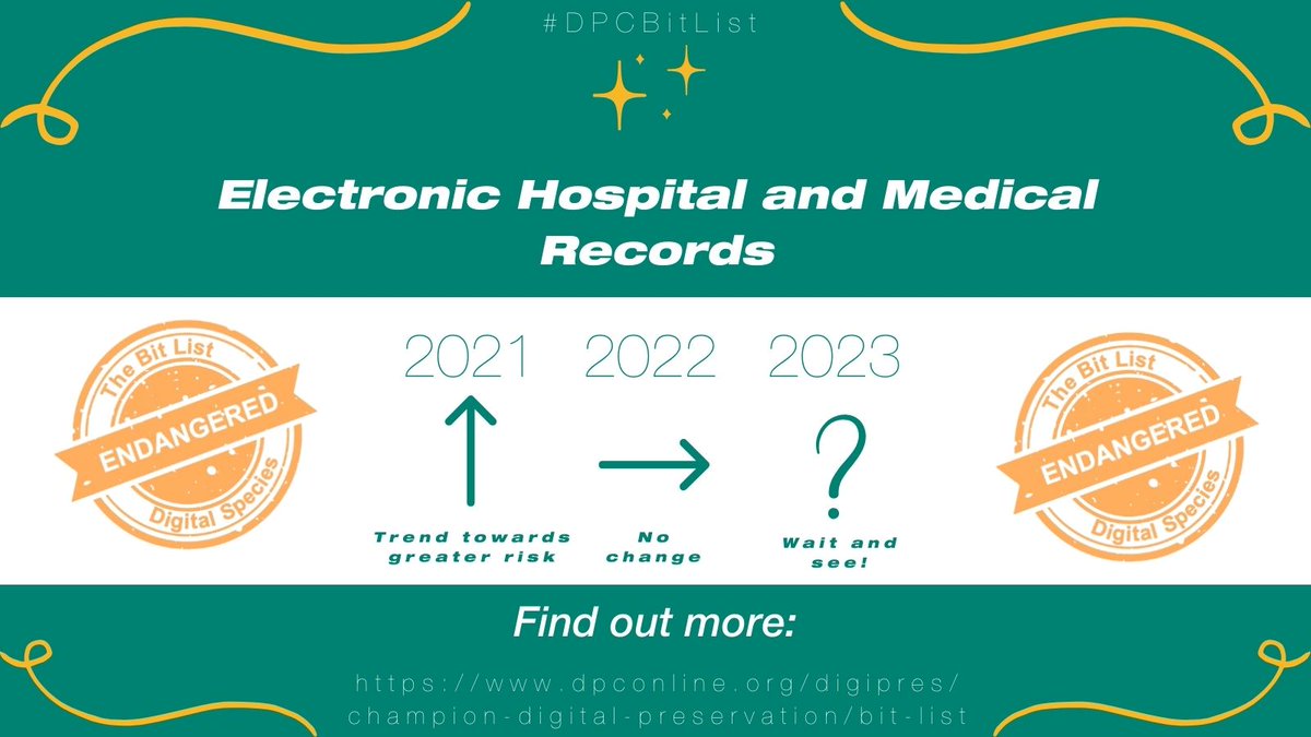 dpc_chat's tweet photo. The #DPCBitList Entry of the Week is:

🟠Electronic Hospital and Medical Records

 In 2021 this was classified as Endangered!  

Find out whether there has been any change in the 2023 report, when we publish on #WDPD2023 👇 

https://t.co/JJaPixCApl https://t.co/0u7lS5mgGO