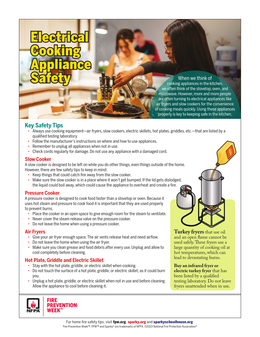When using electrical cooking appliances, ALWAYS follow the manufacturer's instructions.  Check out these great #safetytips for #airfryers, #pressurecookers, #slowcookers, and hot plates/griddles/skillets.
#FPW2023 #FirePreventionWeek #FireSafetyTips #CookingSafetyTips
