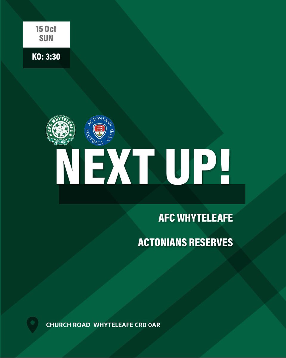 NEXT UP! We are back in League action this weekend down at Church Road!!

🆚 @actonianslfc  
🗓️ 15th October
🕞 3:30pm
🏟️ Church Road , Whyteleafe , CR0 0AR

Come down and support this Sunday!!!  🍃🤍

#whyteleafe #afcwhyteleafewomen #uptheleafe #annsummers #womensfootball