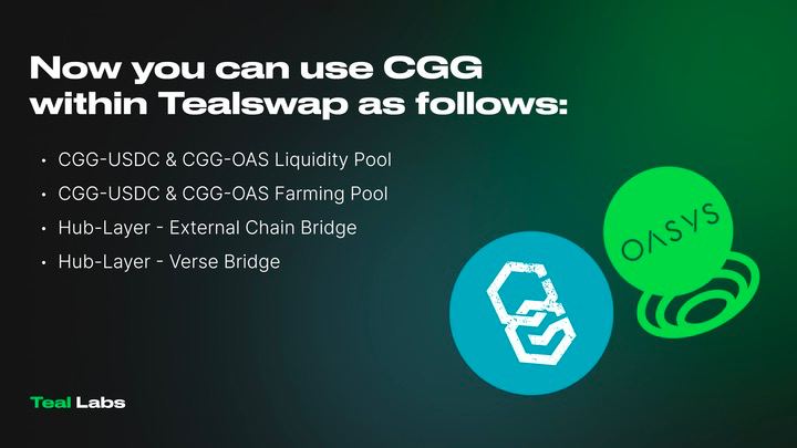 We are happy to announce this:

🔸CGG-USDC &amp; CGG-OAS Liquidity Pool
🔸CGG-USDC &amp; CGG-OAS Farming Pool
🔸Hub-Layer - External Chain Bridge
🔸Hub-Layer - Verse Bridge

are added on Tealswap.

@Chain_Guardians <a href="/Chain_Verse_/">Chain_Verse_</a> <a href="/CelerNetwork/">CelerNetwork</a> <a href="/oasys_games/">Oasys Gaming Hub</a>