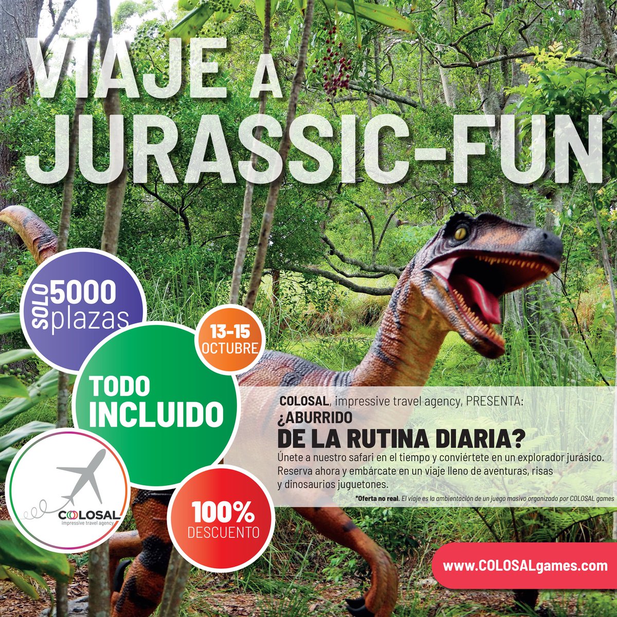 COLOSALgames's tweet photo. 🦖🌴 ¡Atención aventureros temporales! 🌴🦖

🕰️ ¡El tiempo se está agotando más rápido que un velociraptor hambriento! 🦕⏳

🌋 ÚLTIMAS HORAS para unirte a la aventura más emocionante del siglo: ¡Un viaje al Jurásico! 🦚🌿 https://t.co/c1kjFsgUvR