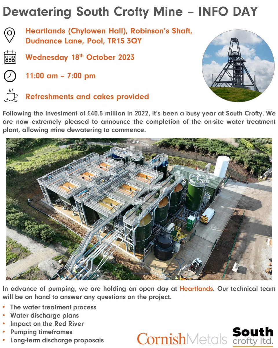 CamborneTC's tweet photo. Next Wednesday, @CornishMetals are hosting a second open day, this time @heartlandsuk, to discuss the dewatering of South Crofty with our community. Weds 18th Oct 11am - 7pm, refreshments provided⛏️
#tinmining #Mining #southcrofty https://t.co/f6A9QmBfaQ