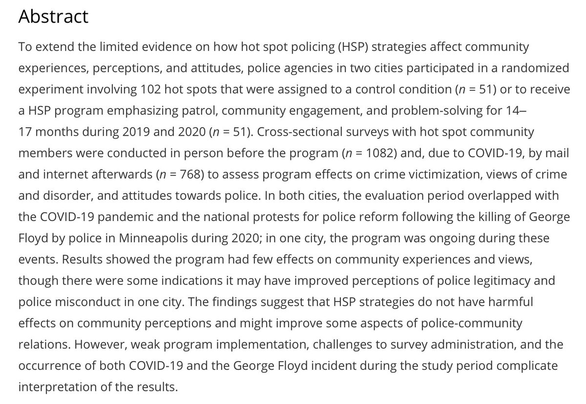 LessCrime's tweet photo. More evidence that concentrating police patrols in violence hotspots does not lead to a decrease in community perceptions of the police, and may even have positive effects (although the evidence on that was limited by some problems during the experiment). https://t.co/0fTnc3yVIH