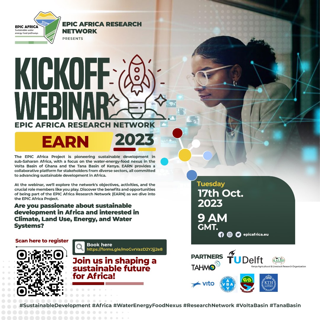 Join the EPIC Africa Research Network Webinar on October 17, 2023, at precisely 9 a.m. GMT.
Register through forms.gle/moGvrVazD2YJjj….
Learn more about EPIC Africa at epicafrica.eu #SustainableDevelopment #Africa #WaterEnergyFoodNexus #VoltaBasin #TanaBasin