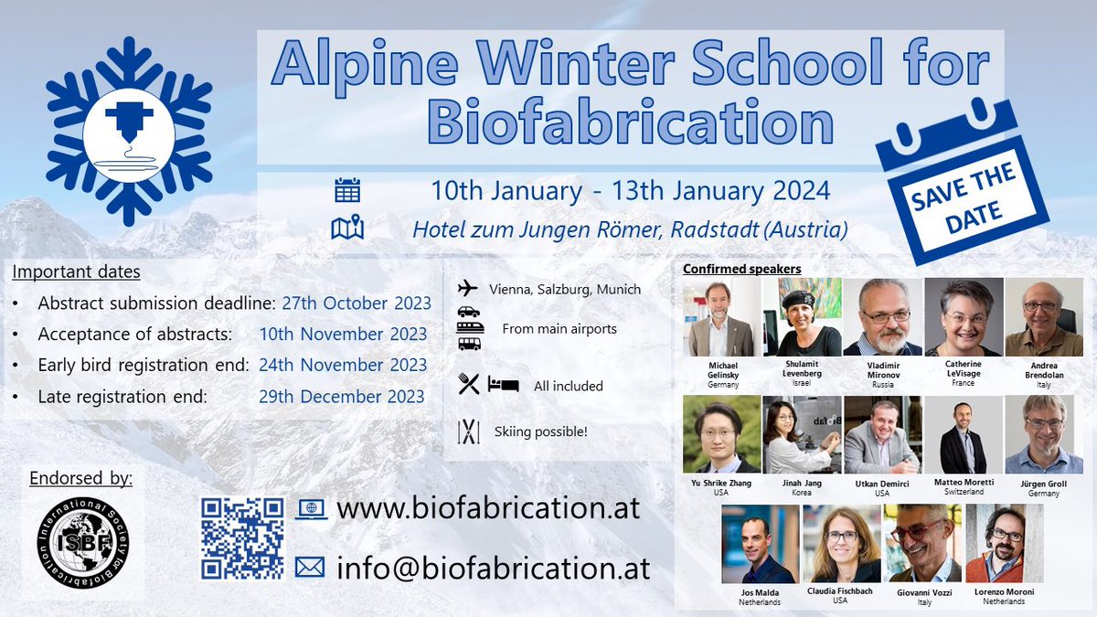 The ❄️ Alpine Winter School for Biofabrication 2024 ❄️ will take place in Radstadt, Austria 10-12th of January @JuliaFdezPerez @HD_Bioprinting. Submit your abstract here! biofabrication.at/submit-an-abst…