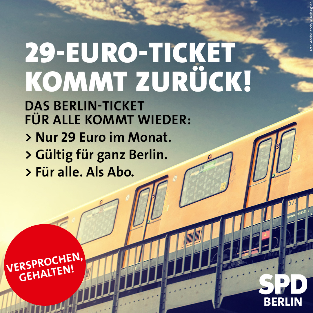 Der Senat hat die Einführung des Berlin-Tickets für alle beschlossen:
👉 Nur 29 Euro im Monat
👉 Gültig für ganz Berlin (Tarifbereich Berlin AB)
👉 Für alle. Als Abo.
Es soll voraussichtlich im ersten Halbjahr 2024 eingeführt werden. Versprochen, gehalten! 
#29EuroTicket
