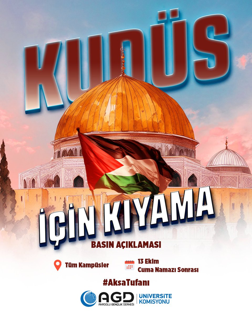 Kudüs İçin Kıyama 🇹🇷 🇵🇸

📍Tüm Kampüsler'de
🗓 13 Ekim Cuma Namazı Sonrası

#ZamanıGeldi
#AlQudsBelongsToMuslims
#FilistindeMücahidler
#KudüsMüslümanlarındır
#طوفان_الاقصي