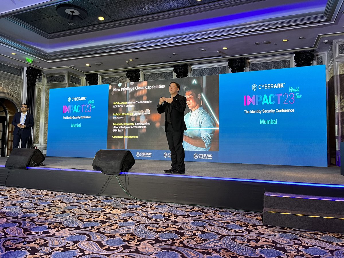 jain_achintya's tweet photo. We’re getting an exclusive peek into the future of security! 

At the keynote, #JeffreyKok &amp; #BharatHinduja from @CyberArk are unveiling product innovations in identity security. 

What we heard first: 
#Impact2023 #ImpactMumbai #IdentitySecurity https://t.co/keI0osBUOo