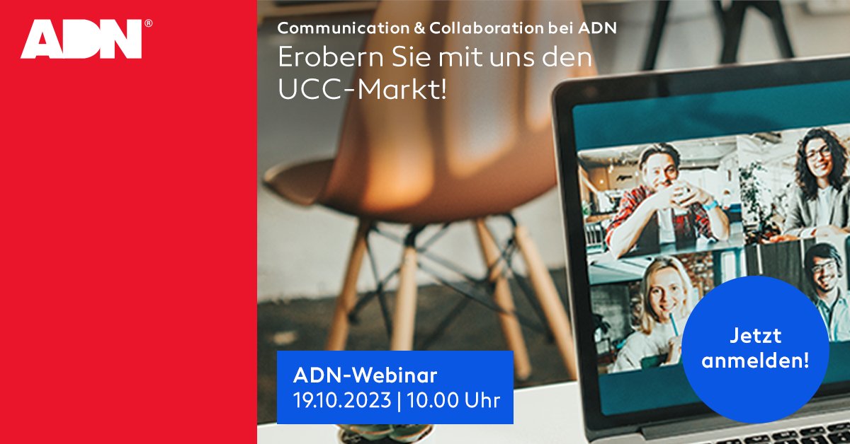 Hybride Arbeitsmodelle erfordern moderne Kommunikationssysteme. Nehmen Sie dazu an unserem Webinar »UCC bei ADN: Aus 'sehr gut' wird 'noch besser'!« am 𝟏𝟗.𝟏𝟎.𝟐𝟎𝟐𝟑 | 𝟏𝟎.𝟎𝟎 teil und legen Sie den Grundstein für Ihr neues UCC-Zusatzbusiness.
👉 eu1.hubs.ly/H05K8Js0