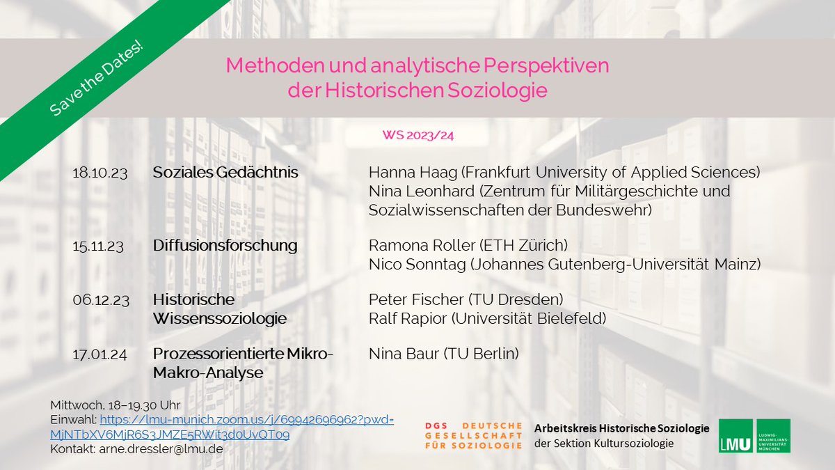 Die Online-Reihe zu den Methoden und analytischen Perspektiven der Historischen Soziologie geht auch im Wintersemester 2023/24 weiter. Einfach zuschalten! Los geht's jeweils um 18 Uhr (s.t.), lmu-munich.zoom.us/j/69942696962?…. <a href="/KultursozDGS/">Sektion Kultursoziologie</a>