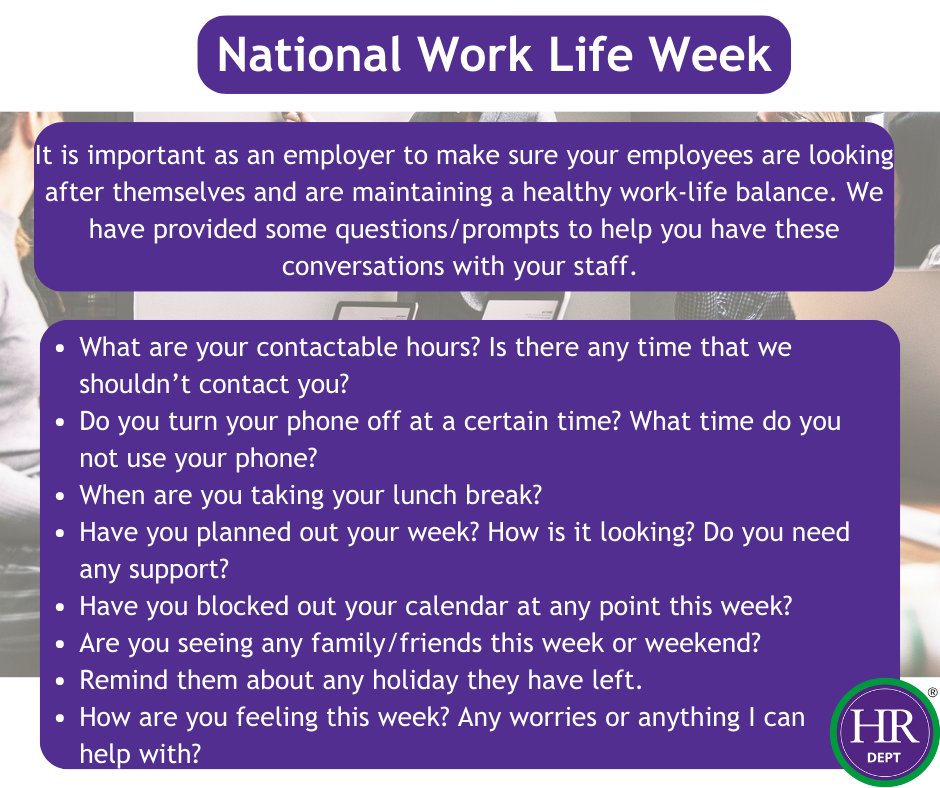 This week is National Work Life Week 

It is important to have conversations with your employees to ensure they look after themselves and maintain a healthy work-life balance.  

Read our prompts below to help you have these conversations with your staff.  

#worklifeweek #hr