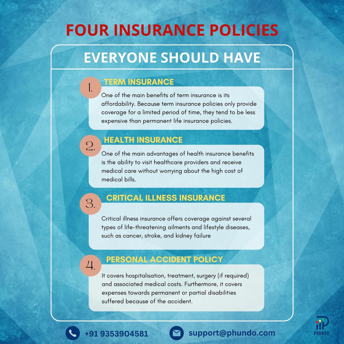 Phundos's tweet image. Four Insurance Policies Everyone Should Have!

1. Term insurance
2. Health insurance
3. Critical illness insurance
4. Personal accident policy

#terminsurance #terminsuranceplan #healthinsurance #healthinsuranceplan #criticalillnessinsurance #criticalinsuranceplan #Savings