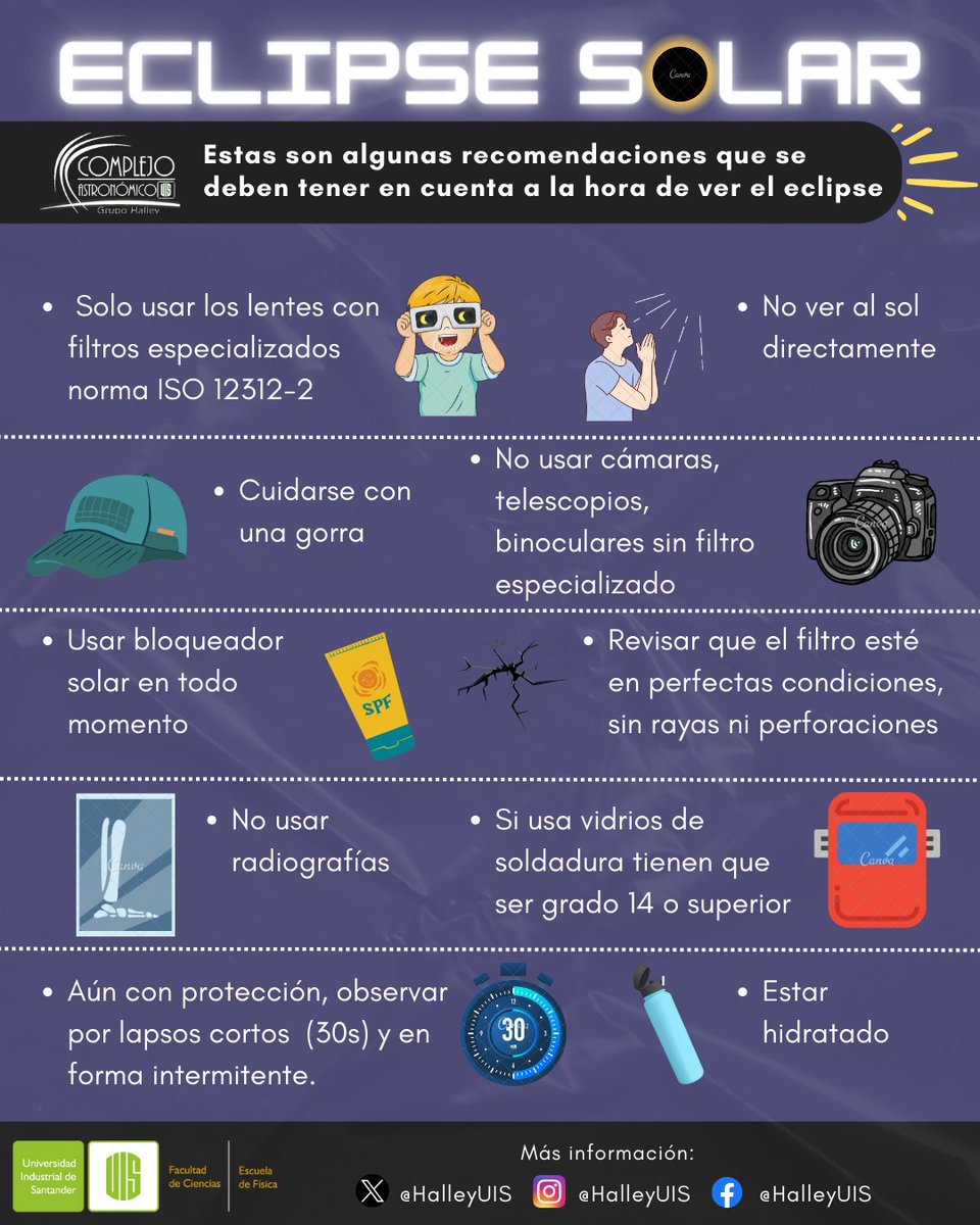 halleyUIS's tweet photo. Aquí les dejamos unas recomendaciones para poder observar el #EclipseSolar este de octubre de forma segura 🌠
#EclipseSinRiesgos #Bucaramanga #uis #halleyuis #astronomia #EclipseSolar2023 #Precaucion #Precauciones #cuidados #Santander https://t.co/Ixj8jcoK6t