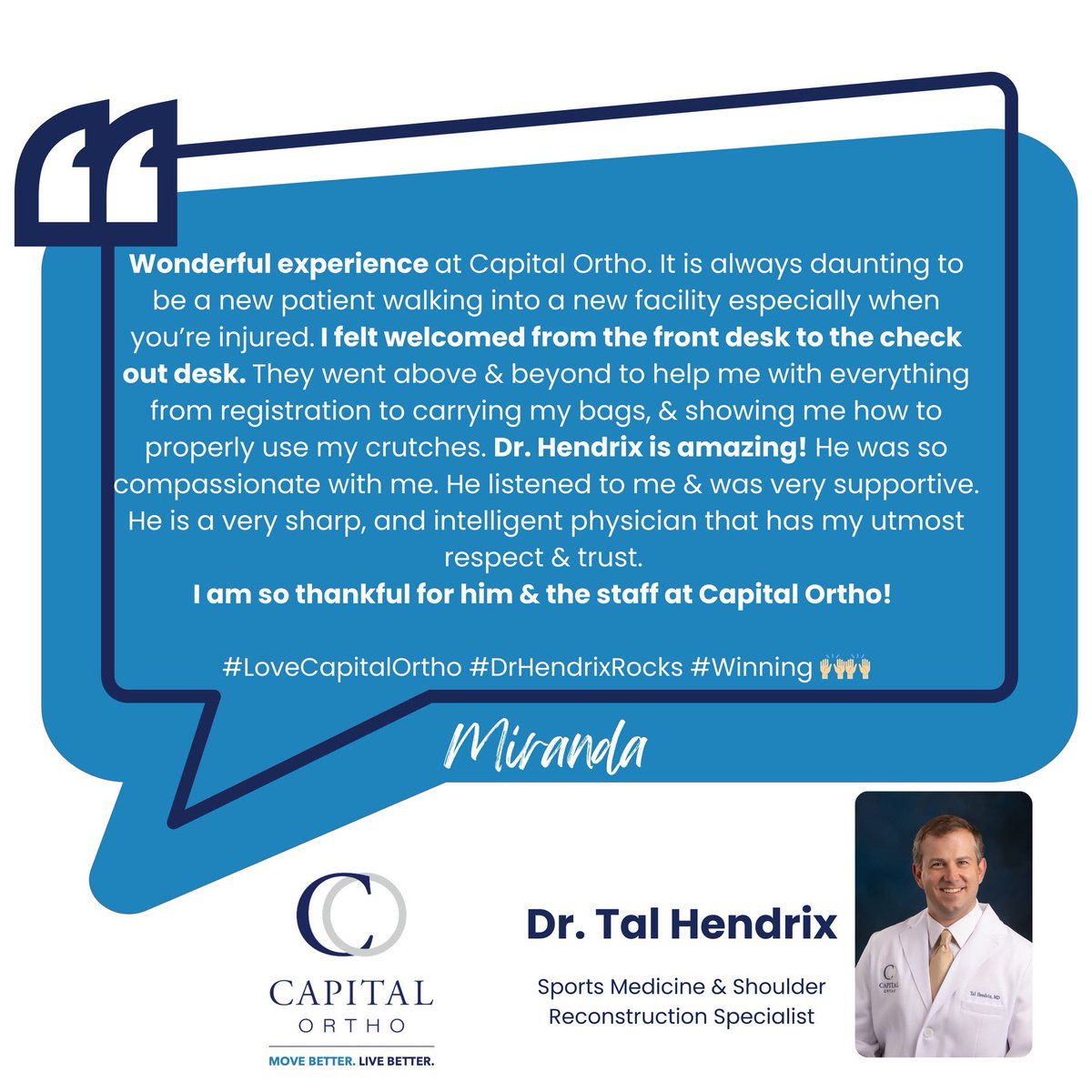 It’s #thankfulthursday &amp; we are so thankful for our wonderful patients! Take a look at what a patient had to say about her recent experience with Dr. Hendrix🤍

#patientreview #movebetterlivebetter #capitalortho