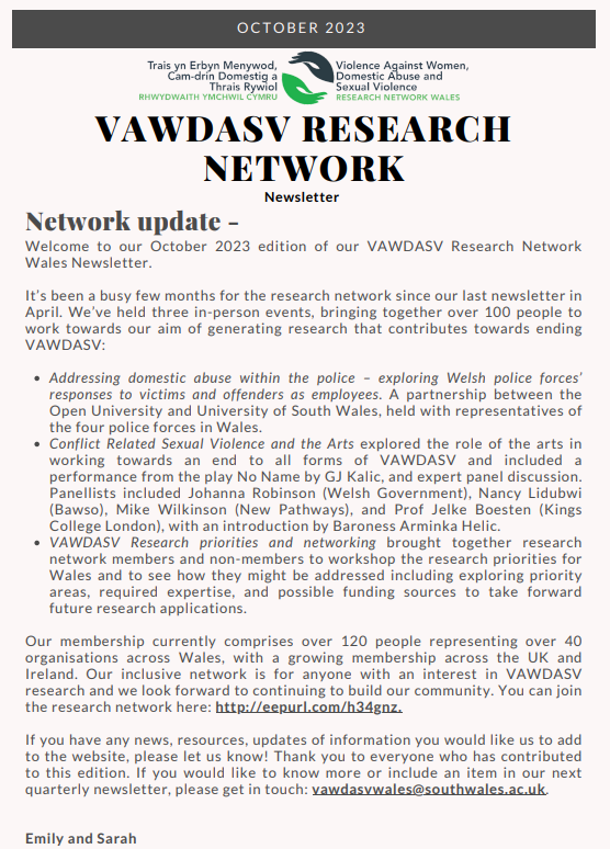 VAWDASVWales's tweet photo. 🗞️Read all about it!    

Our latest newsletter is out now, including the latest news, research and funding opportunities related to ending VAWDASV   

👉https://t.co/imbwURRH2b 

📩DM to be added to our mailing list https://t.co/bejhA95w5C