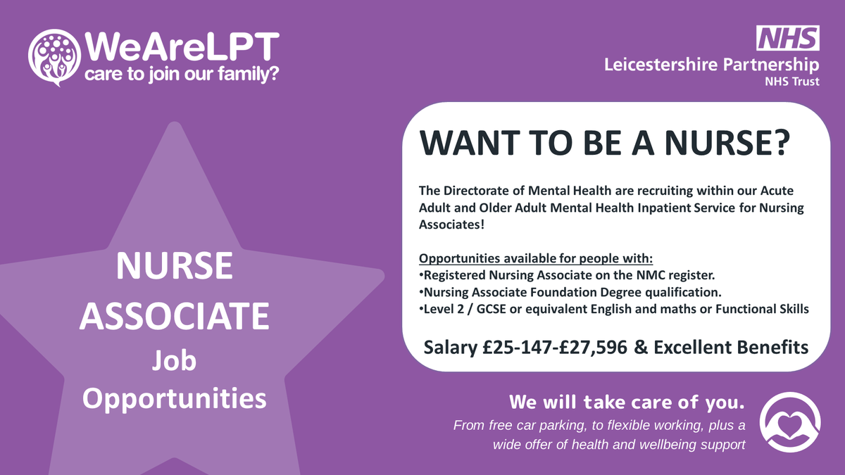 Join the Mental Health team where we offer a wide variety of rewarding roles!
Fantastic opportunities to join as a Nursing Associate within the Acute Adult and Older Adult Inpatient Service! Click here for more details and to apply: beta.jobs.nhs.uk/candidate/joba…
#Nursejobs #NursingJobs