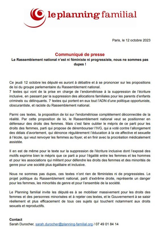 ❌ Ce jour, il s’est ouvert la niche parlementaire du Rassemblement national. Le RN n’est ni féministe ni progressiste, nous ne sommes pas dupes ! Les droits des femmes, des personnes LGBTQIA+ dont l’avortement sont les premières cibles de ces politiques d’extrême droite en 🇪🇺