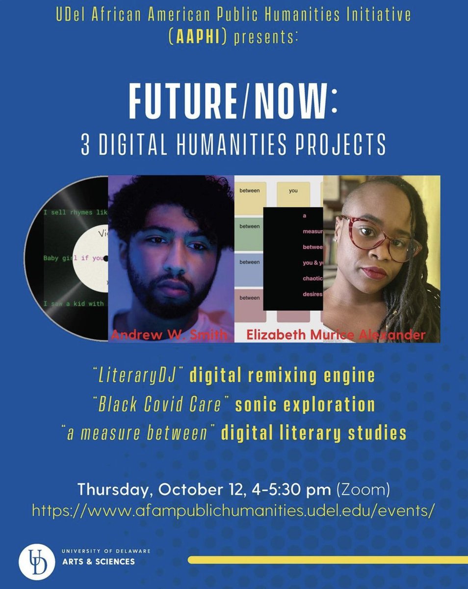 TODAY at 4pm ⇢ Online!

Join AADHum faculty Liz Alexander &amp; <a href="/awwsmith_/">Andrew W. Smith</a>  @ @udelaware's AfAm Public Humanities Institute. The "Future/Now" — hear about the use of data to tell humanities stories in three AADHum #BlackDH projects!

Register: bit.ly/future-now-ude… or link in bio